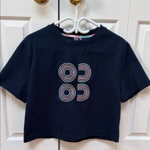 Sweaty Betty sz L Navy 100% Cotton cropped sweat top pale pink baby blue logo